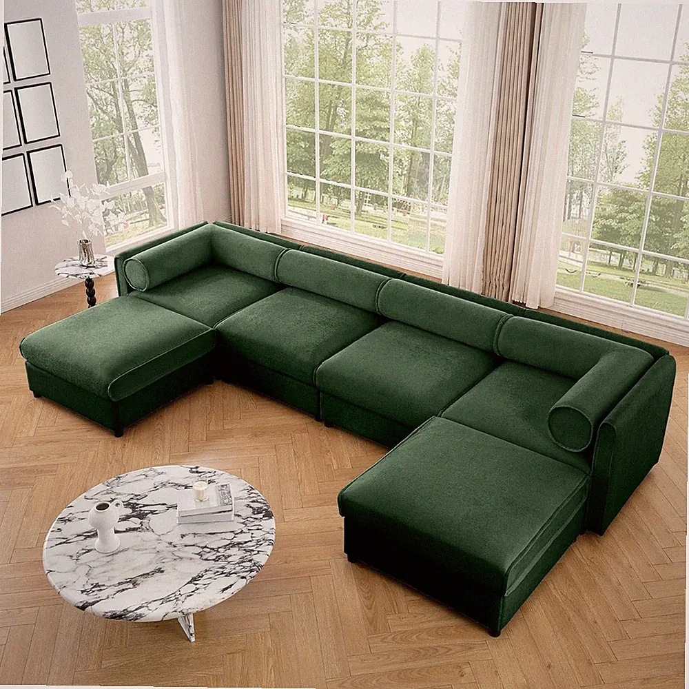 Extra Large U-Shaped Sectional Sofa with Storage Ottoman, Green