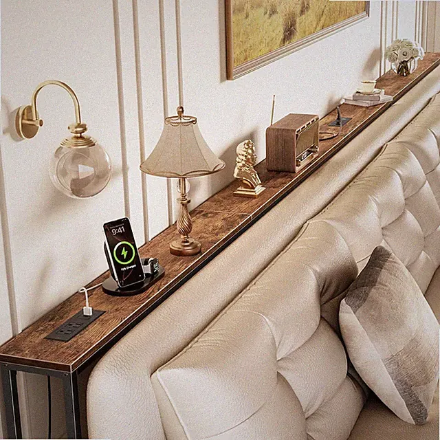 Extra-Long 141.7" Sofa Table with Power Outlets & USB-C, Rustic Brown