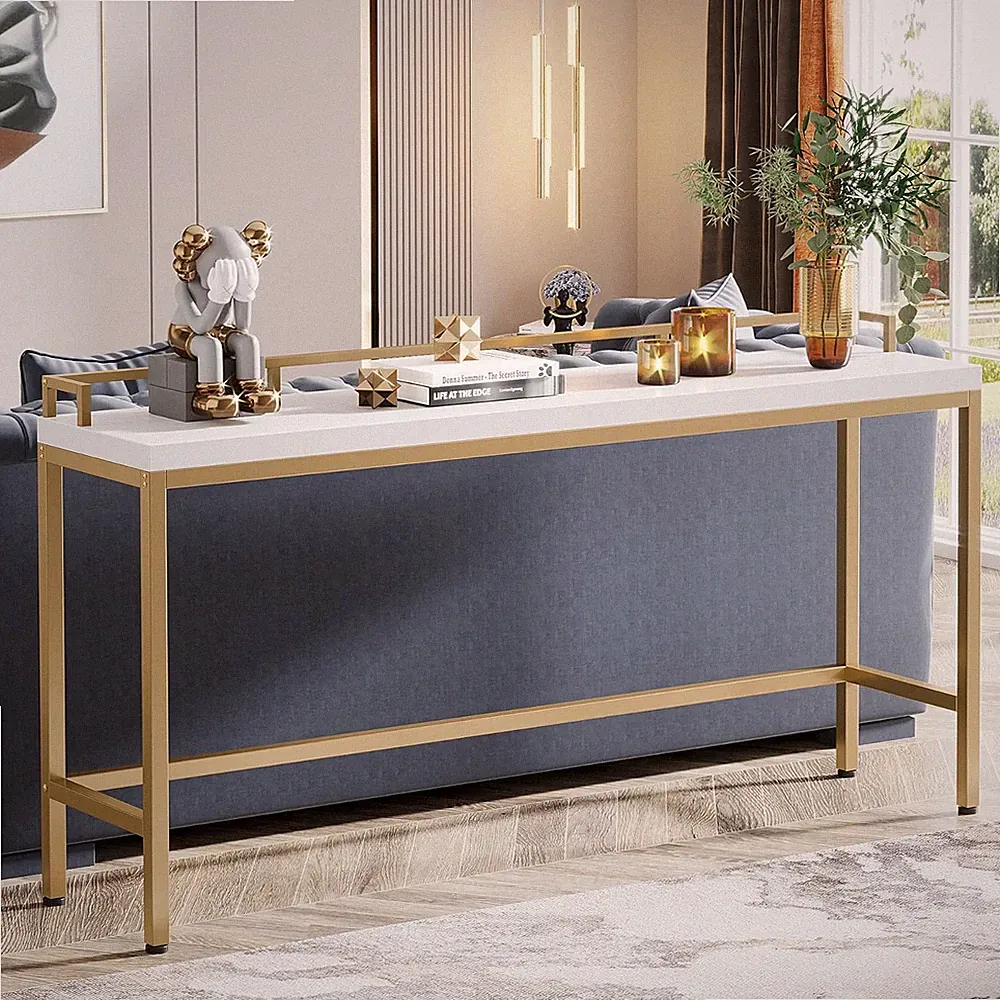 Extra Long 70.9" White & Gold Sofa Table - Modern Narrow Console for Living Room