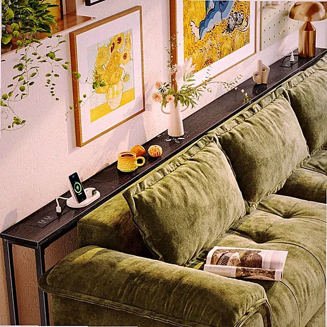 Extra Long Black Sofa Table with Power Outlets & USB-C Ports, 118.1 Inch