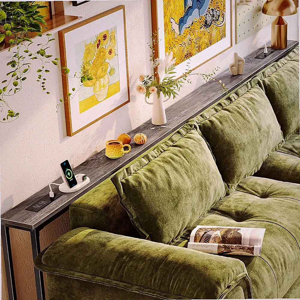 Extra Long Grey Sofa Table with USB-C & Power Outlets for Living Room
