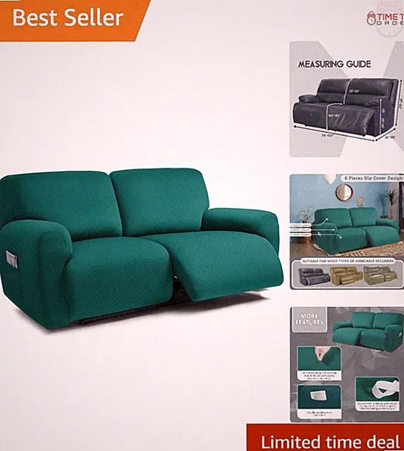 Extra Wide Jacquard Reclining Love Seat Cover 75-100 In Soft Washable Deep Teal