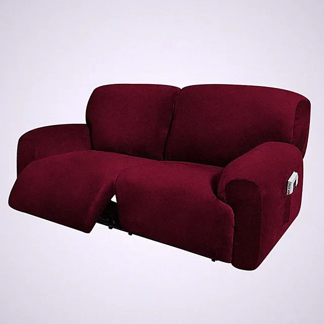 Extra Wide Reclining Sofa Slipcover, 6-Piece Velvet Stretch, Washable, Burgundy