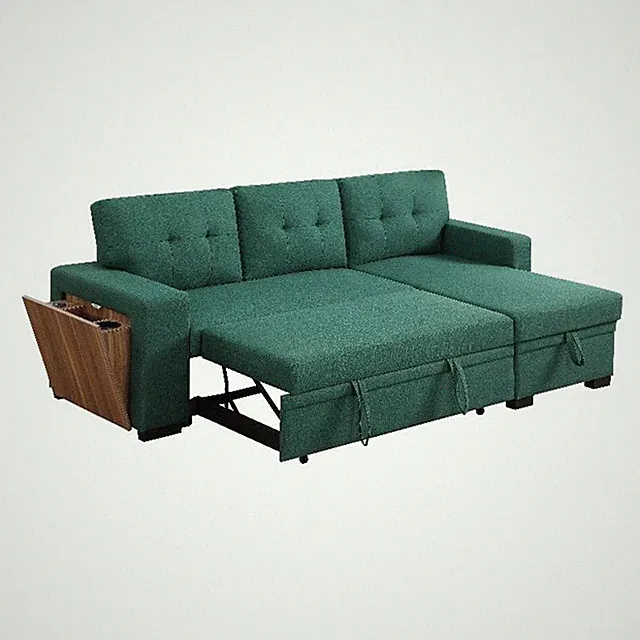 Fabric Reversible Modern Side Compartment Sleeper Sectional Sofa Bed-Green