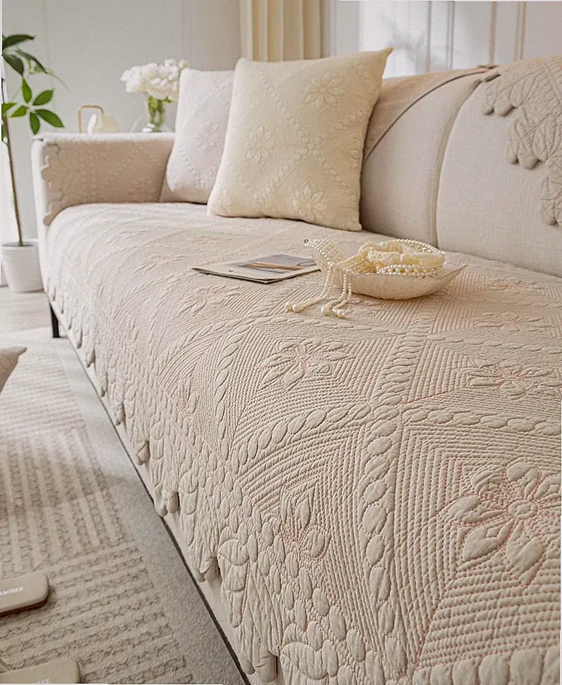 Farmhouse 100% Cotton Quilted Couch Cover Floral Embroidered Sofa Cover Non-S...