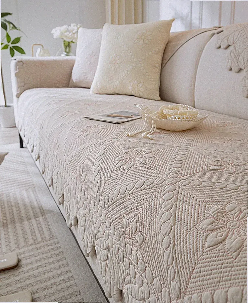 Farmhouse 100% Cotton Quilted Couch Cover Floral Embroidered Sofa Cover Non-S...
