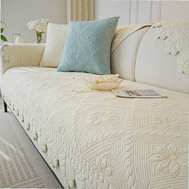 Farmhouse 100% Cotton Quilted Couch Cover Floral Embroidered Sofa Cover Non-S...