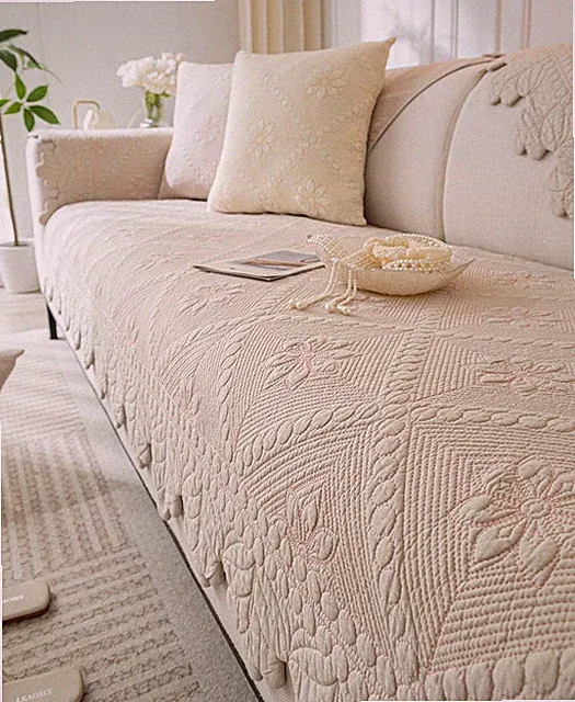Farmhouse 100% Cotton Quilted Couch Cover Floral Embroidered Sofa Cover Non-Slip