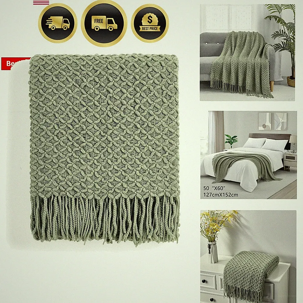 Farmhouse Boho Knitted Throw Blanket for Couch Sofa Chair Bed Home Decoration...