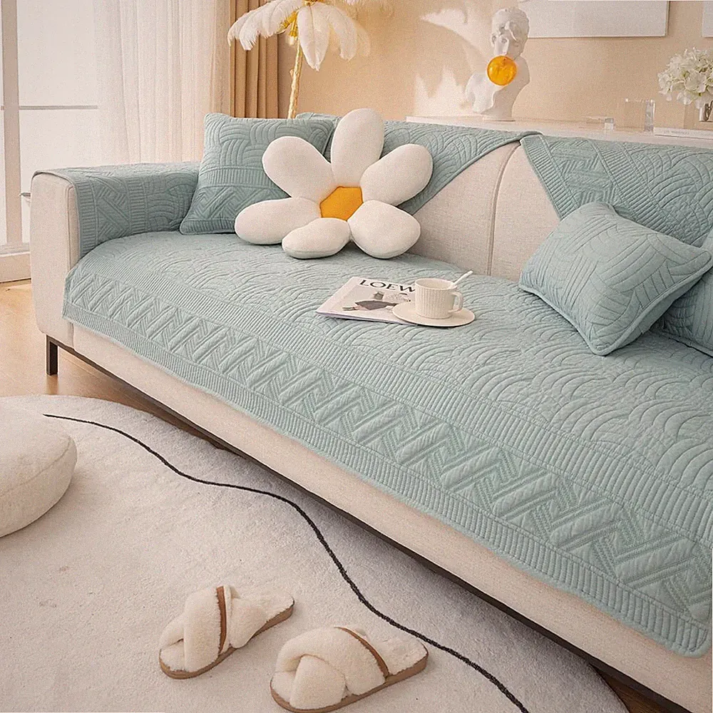 Farmhouse Cotton Quilted Sofa Cover Weave Pattern Embroidery Sectional Couch...