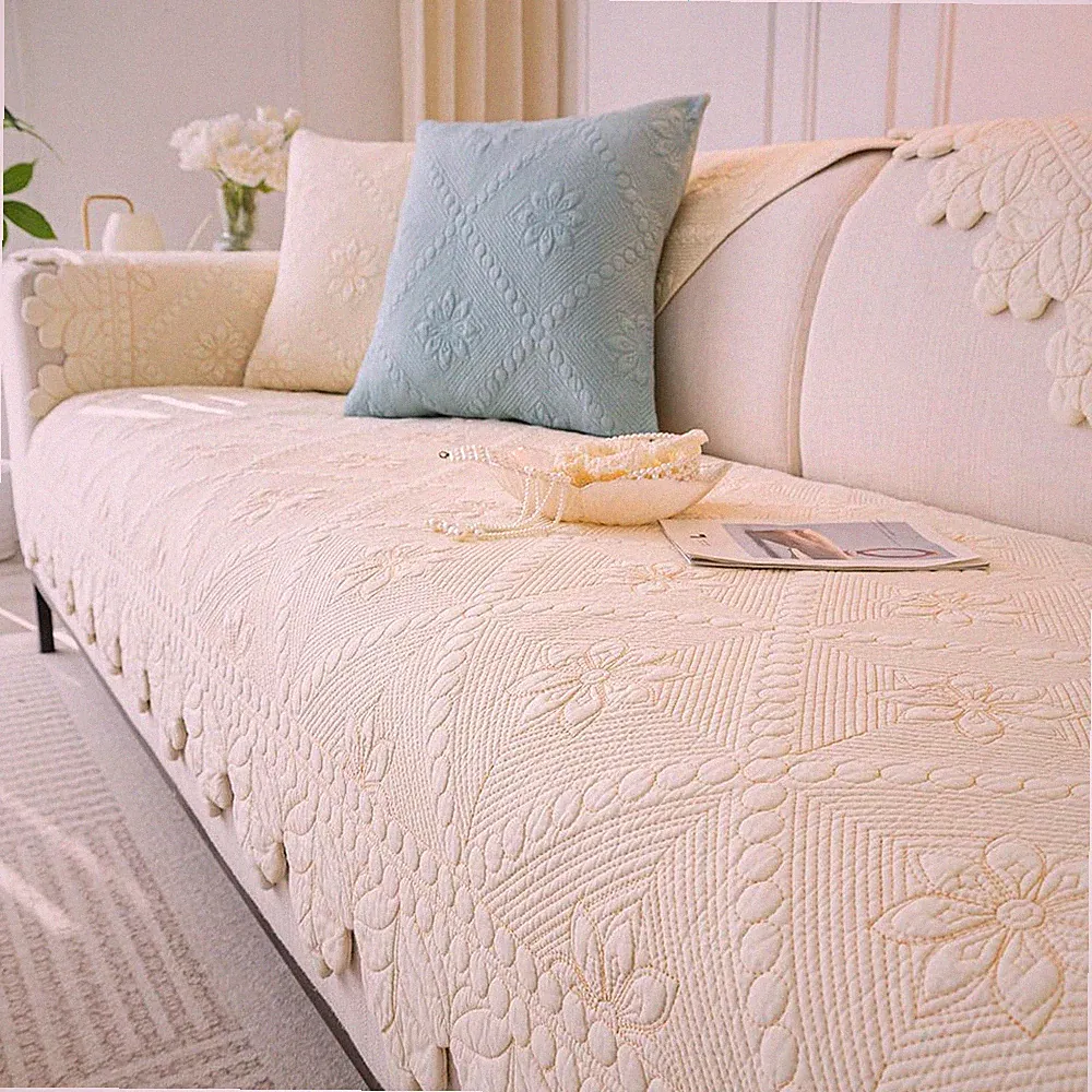 Farmhouse Floral Quilted Couch Cover, 100% Cotton, Non-Slip, Washable 43"x94