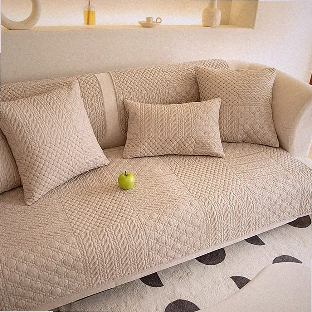 Farmhouse Geometric Embroidered Couch Sofa Cover Cotton Quilted Sectional Cou...
