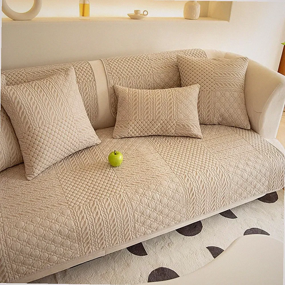 Farmhouse Geometric Embroidered Couch Sofa Cover Cotton Quilted Sectional Cou...
