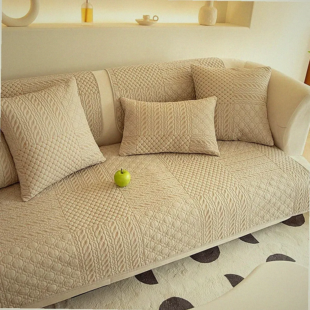 Farmhouse Geometric Embroidered Couch Sofa Cover Cotton Quilted Sectional Cou...