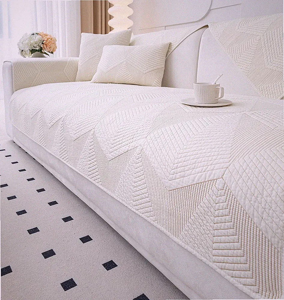Farmhouse Solid Color Embroidery Sofa Couch Cover Cotton Quilted Sectional Co...