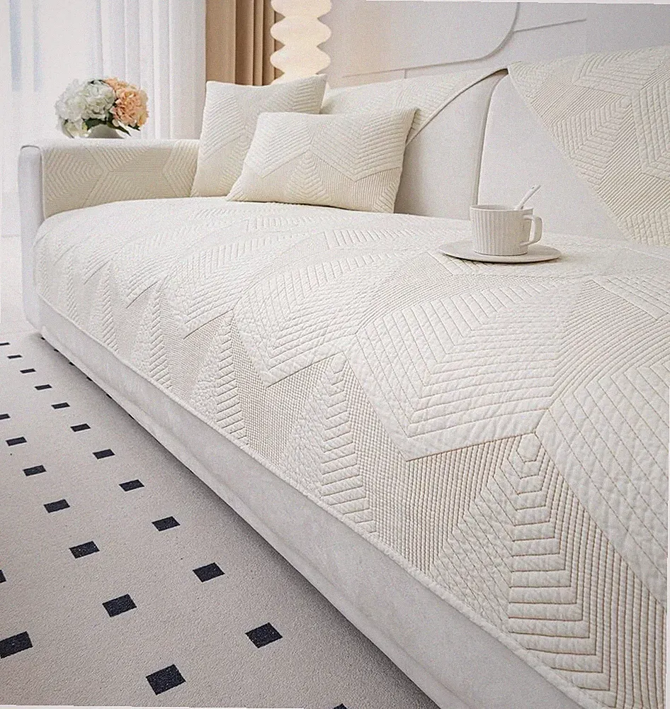 Farmhouse Solid Color Embroidery Sofa Couch Cover Cotton Quilted Sectional Couch
