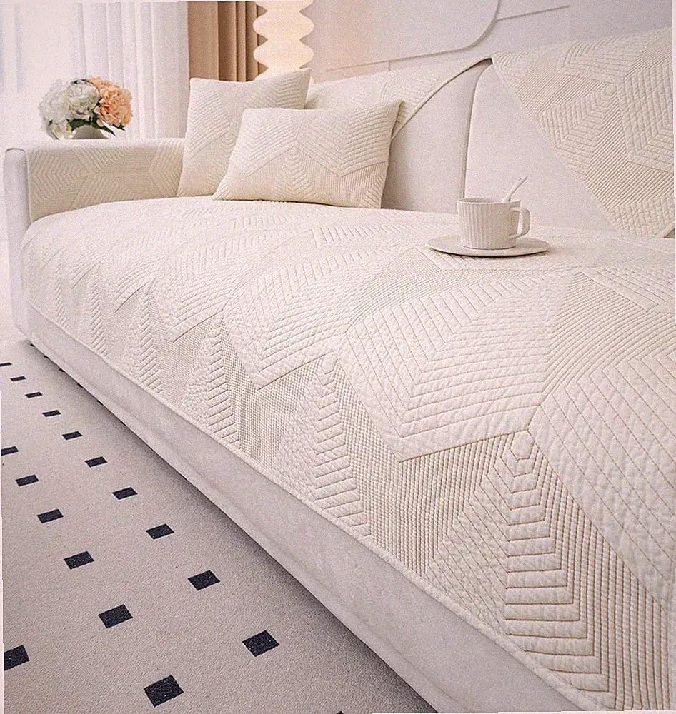 Farmhouse Solid Color Embroidery Sofa Couch Cover Cotton Quilted Sectional Couch
