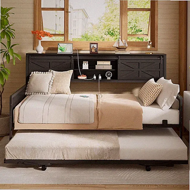 Farmhouse Twin Daybed with Pop-Up Trundle, Metal Trundle Bed Frame with Bookcase