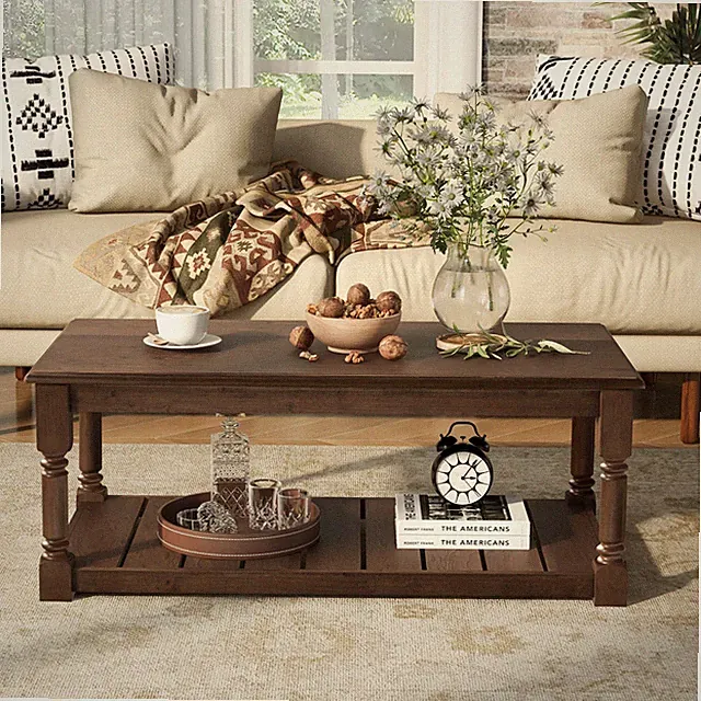 Farmhouse Wooden Coffee Table With Slatted Lower Shelf