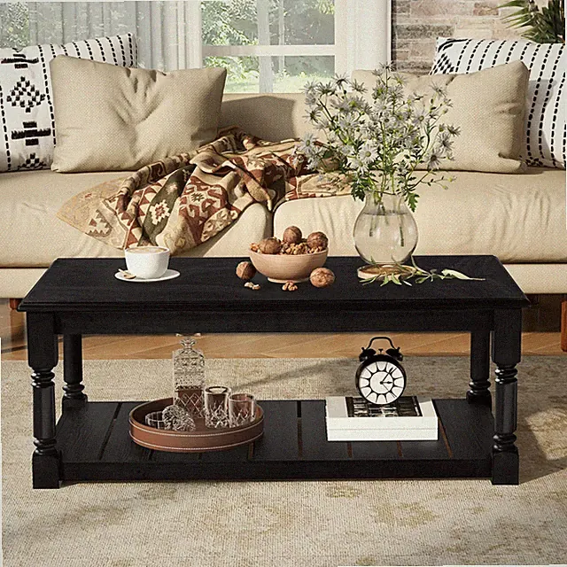 Farmhouse Wooden Coffee Table with Slatted Storage Shelf for Living Room Black