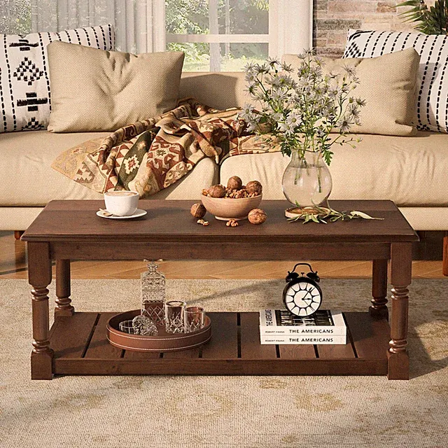 Farmhouse Wooden Coffee Table with Slatted Storage Shelf for Living Room Brown