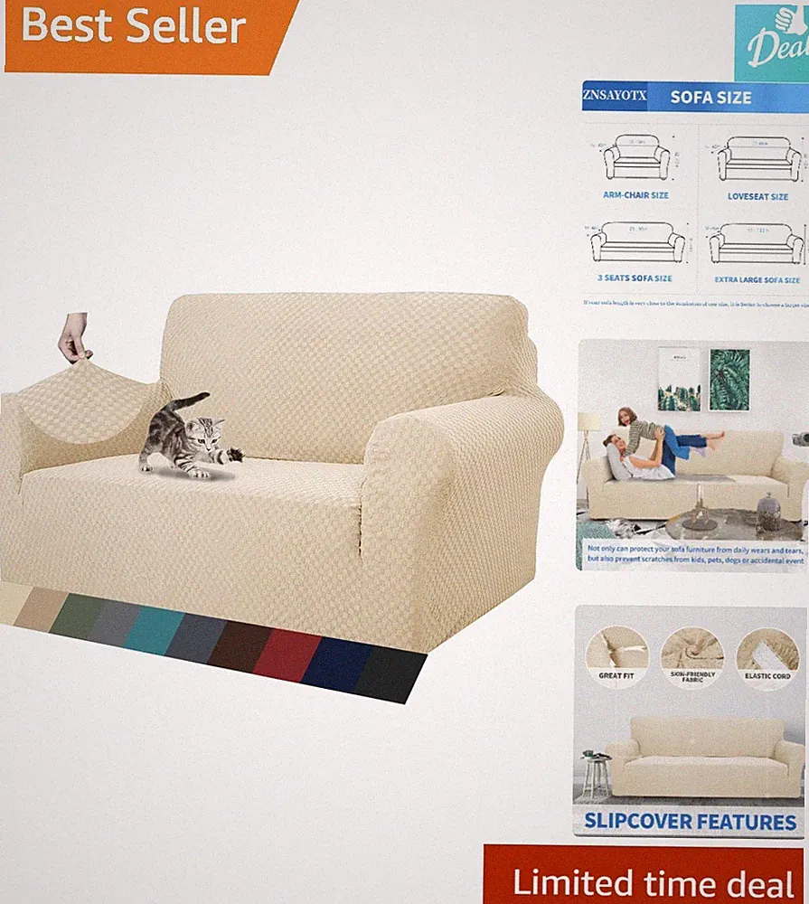 Fashionable Jacquard Loveseat Cover - Elegant Light Beige - Machine Washable