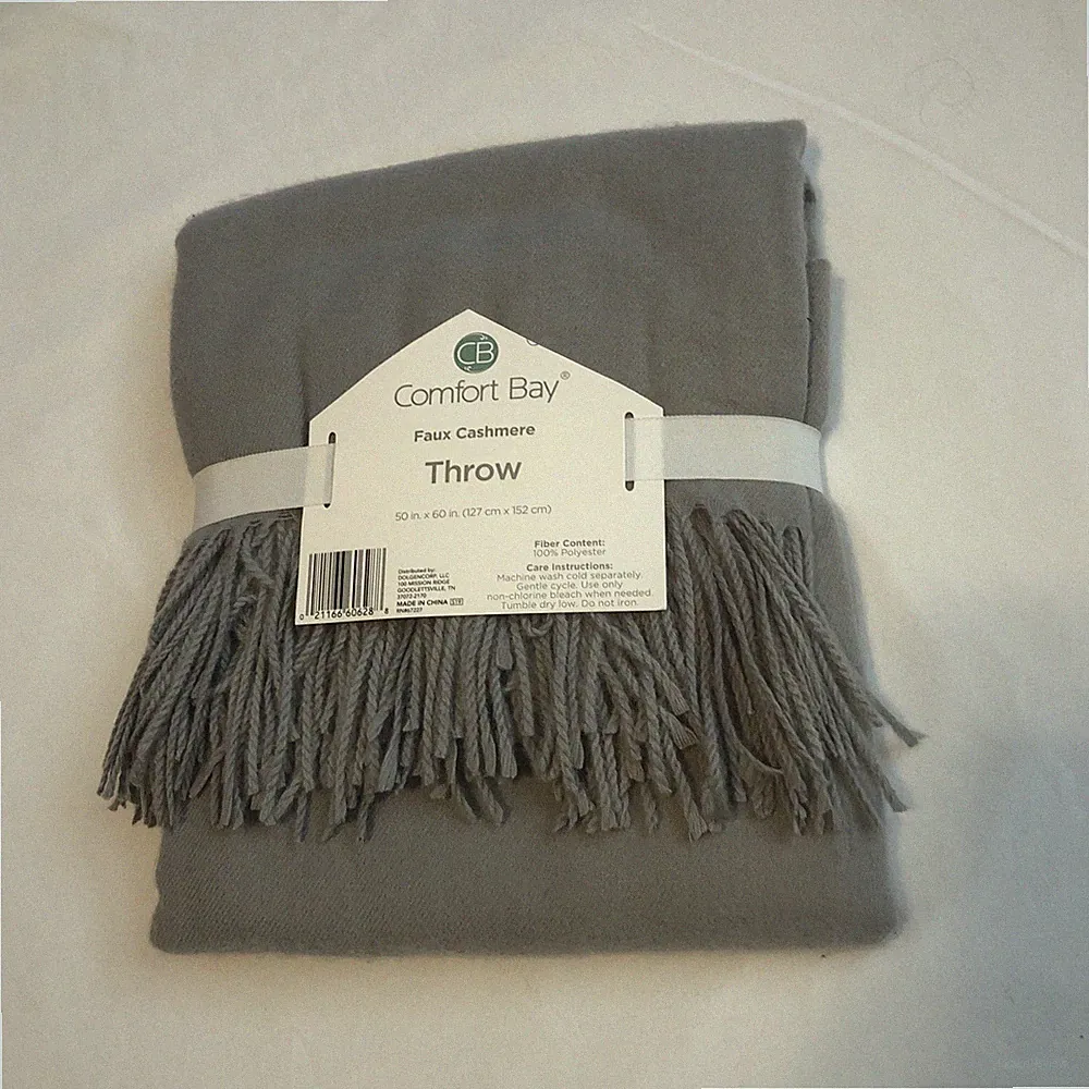 Faux Cashmere Fringed Soft Throw Comfort Bay Gray Blanket Sofa Bed 50” X 60” NWT