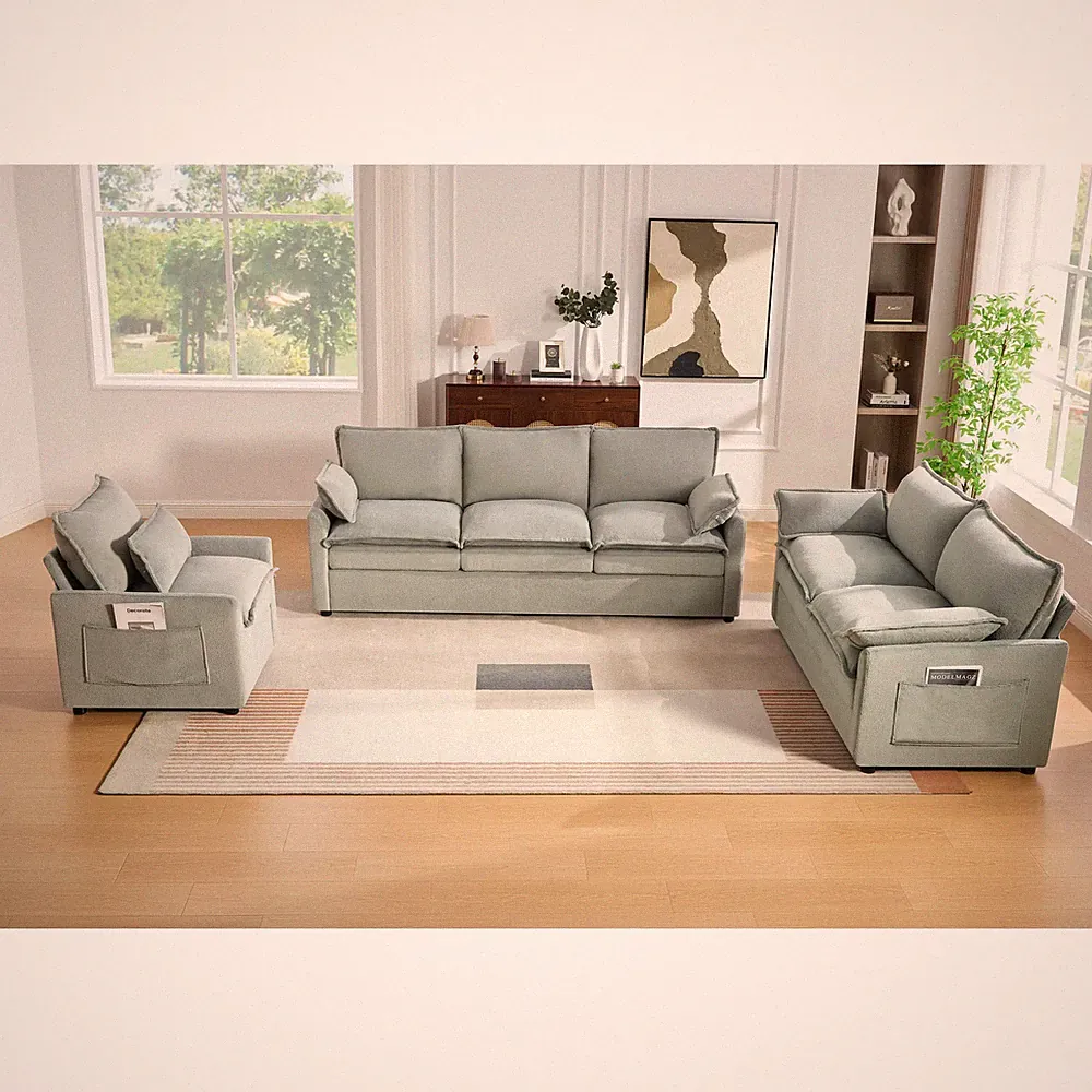 Faux Fur Sectional Sofa with Double-Layer Cushion and Storage Pockets Green