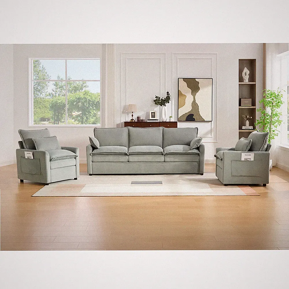 Faux Fur Sectional Sofa with Double-Layer Cushion and Storage Pockets Green