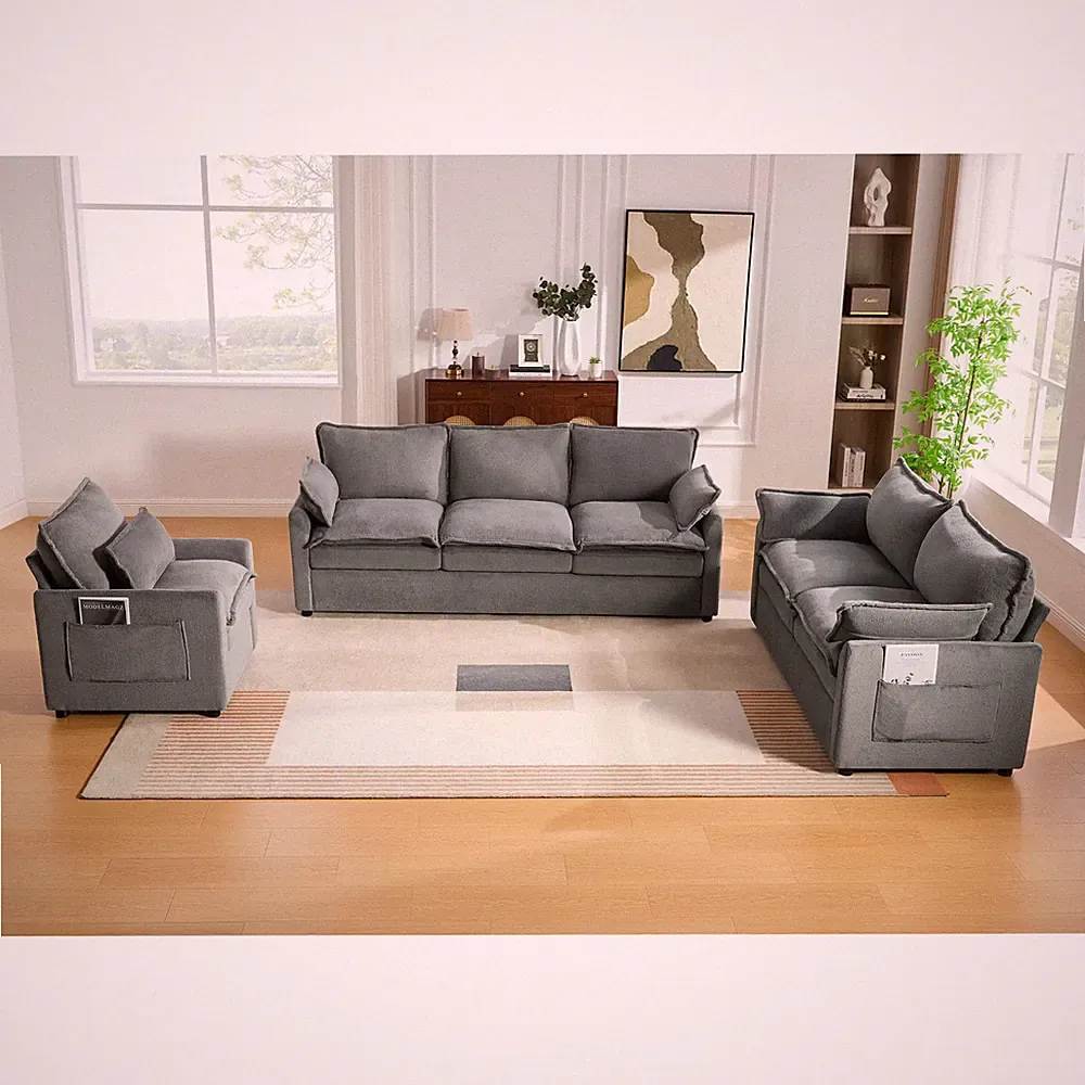 Faux Fur Sectional Sofa with Double-Layer Cushion and Storage Pockets Grey