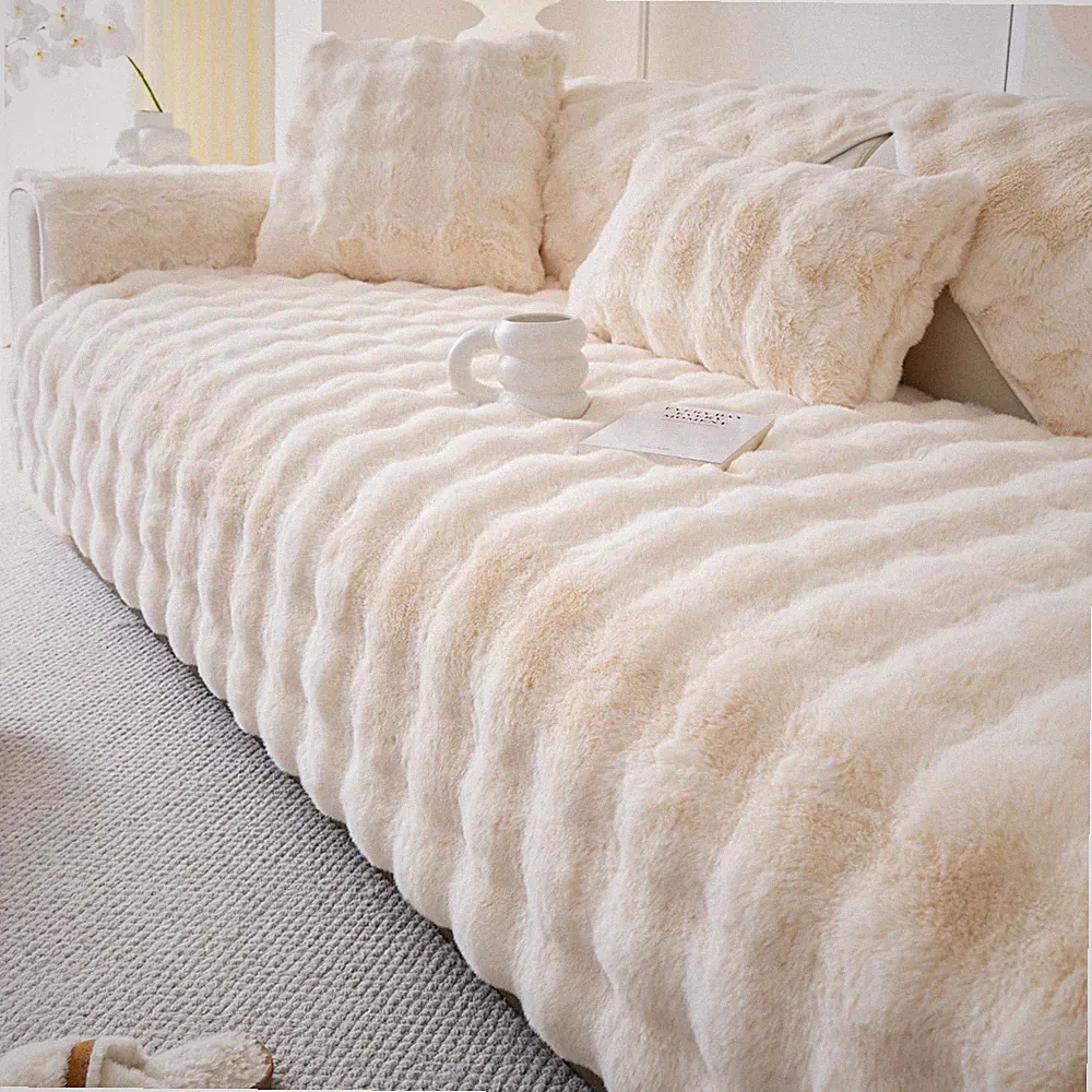 Faux Fur Sofa Cover, Rabbit Plush Couch Cover, Non-Slip Couch Covers Washable...