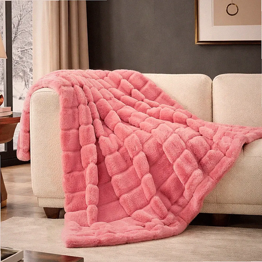 Faux Fur Throw Blanket Cozy Warm Plush Striped Sofa Bed Pink 50x60 Inch