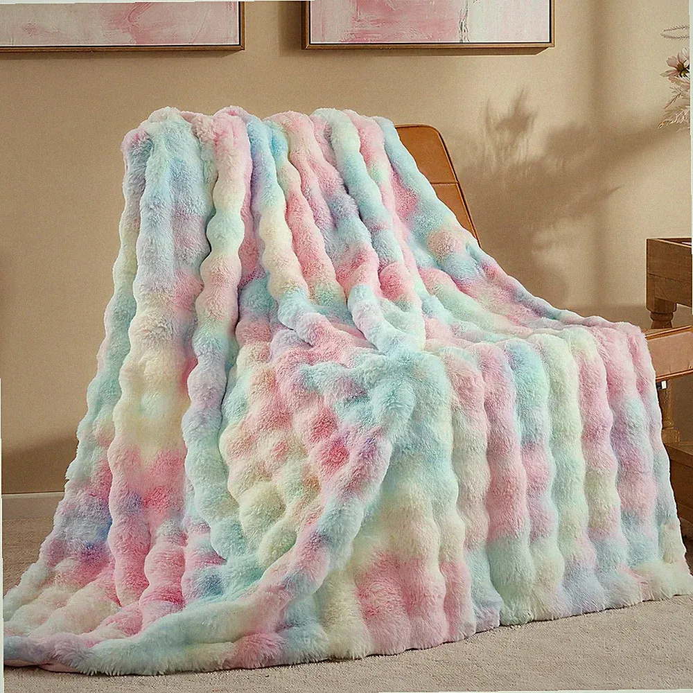 Faux Fur Throw Blanket Soft Cozy Plush Bubble Texture Warm Couch Sofa Bed