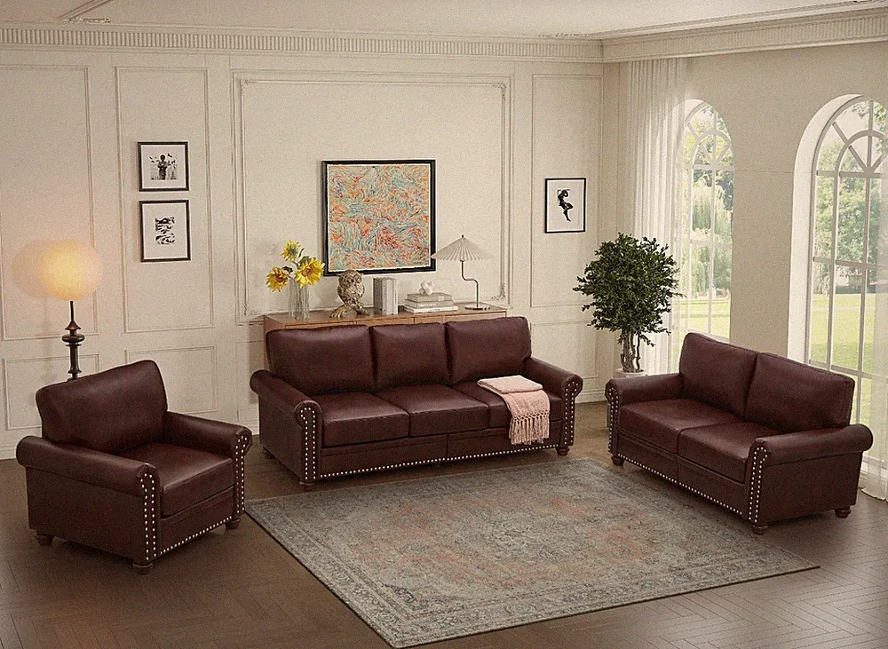 Faux Leather 3 Pieces Sofa Set Couch Loveseat Armchair w/ Nailhead Tirm Storage