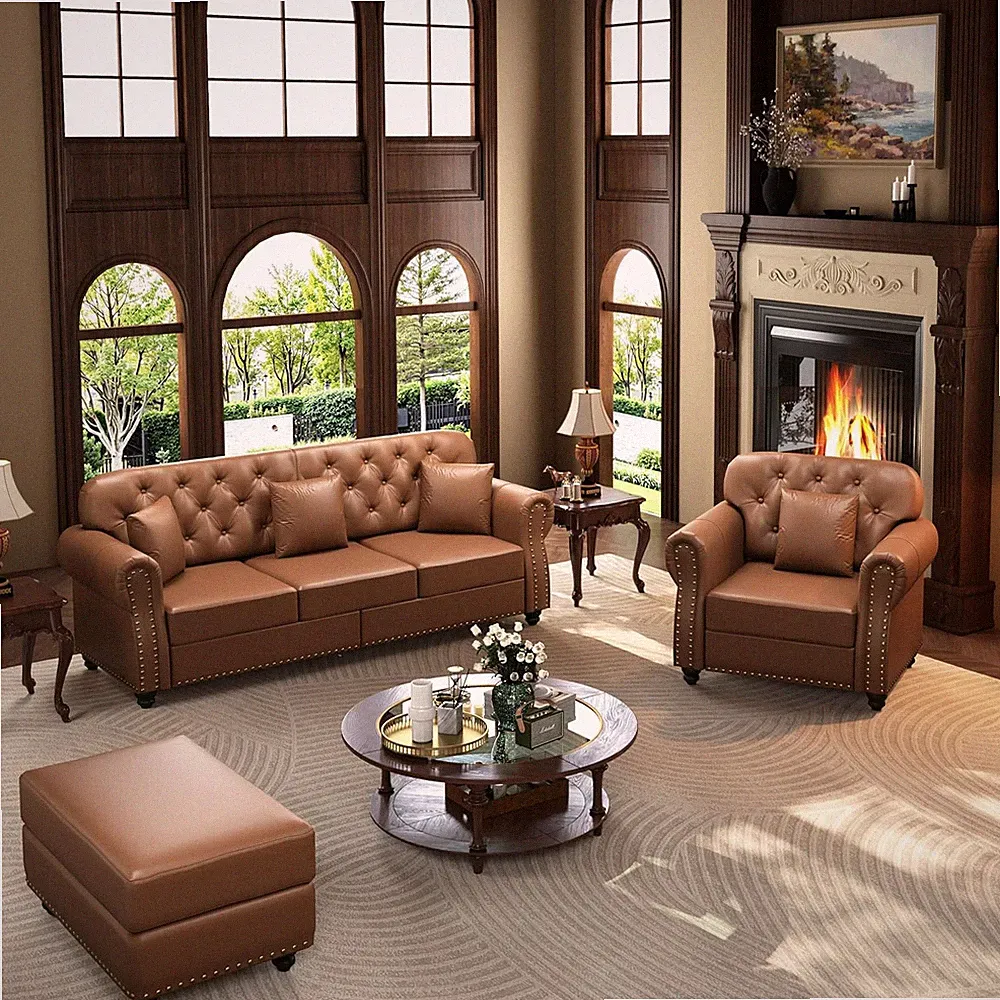 Faux Leather Chesterfield 2-Piece Sofa Set with Ottoman, 4-Seat, Brown