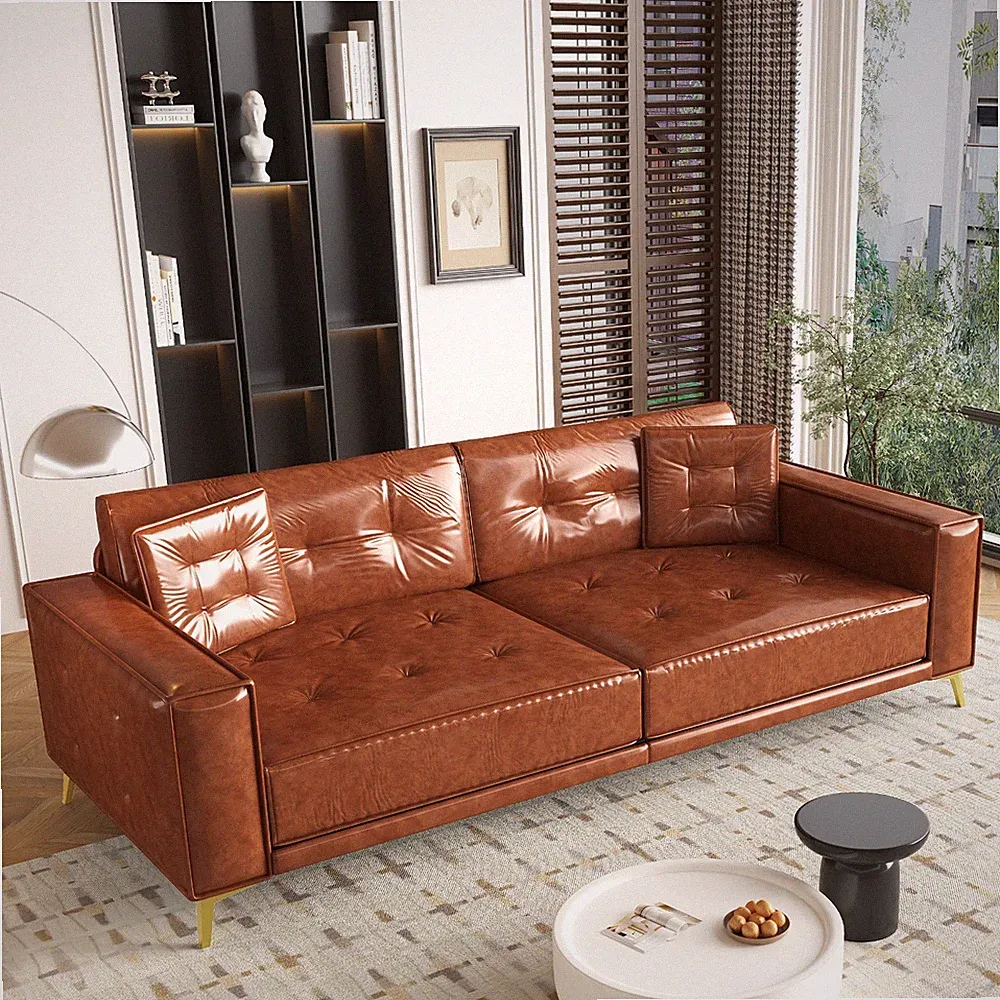 Faux Leather Convertible Pull Out Sofa Bed Tufted Sleeper Couch With Square Arm