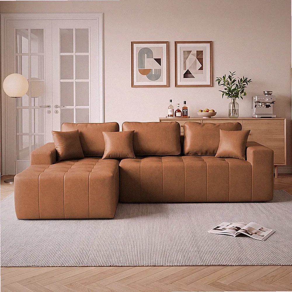 Faux Leather Corner Chaise Compression Sofa Bed, L-Shaped Sectional Couch Brown