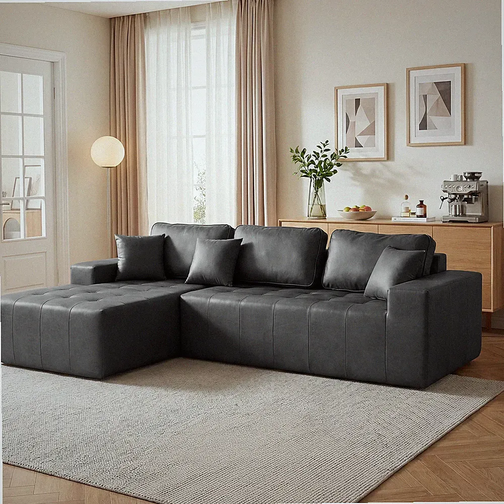 Faux Leather Corner Chaise Compression Sofa Bed,L-Shaped Sectional Couch w/High