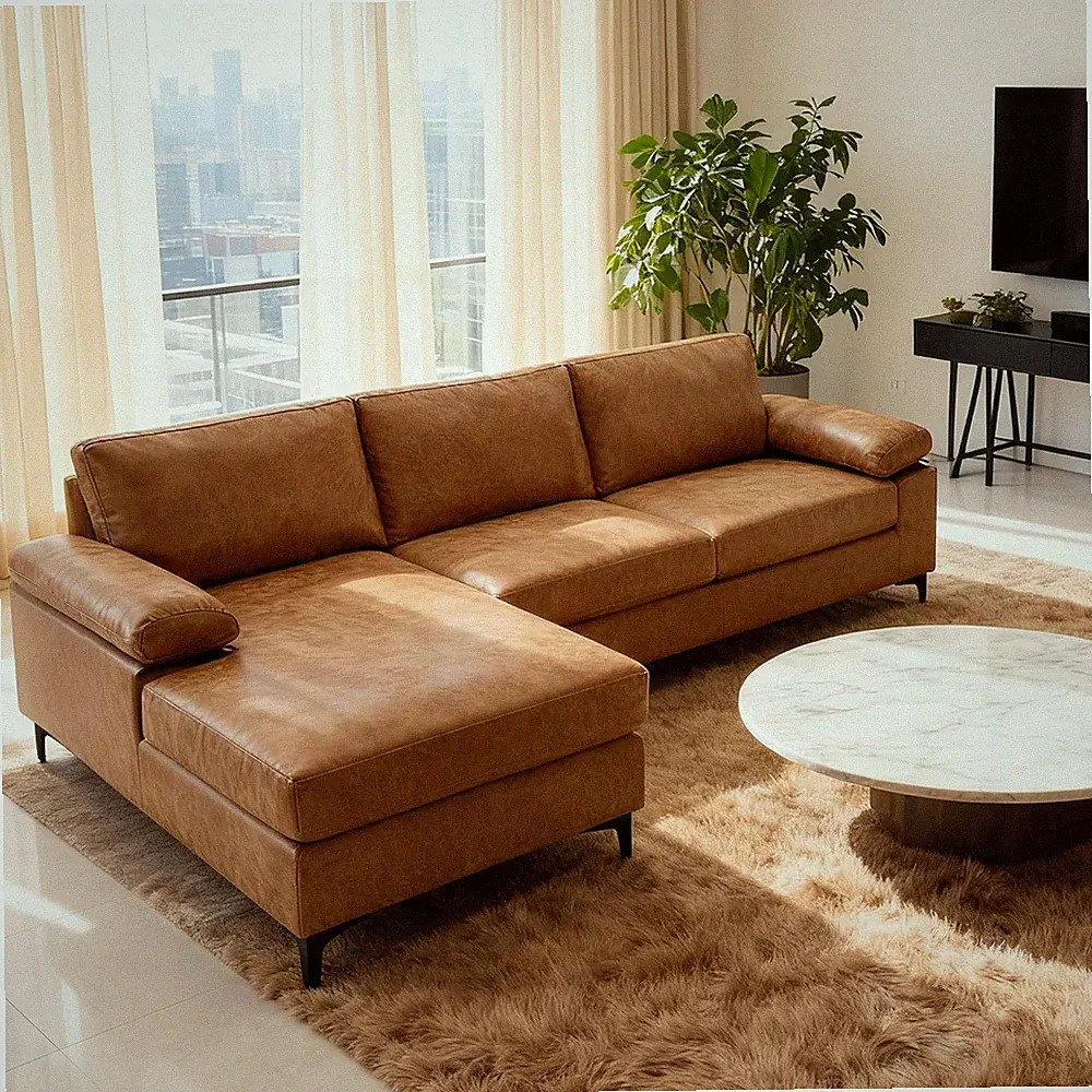 Faux Leather Couch with Reversible Chaise for Apartment, Brown