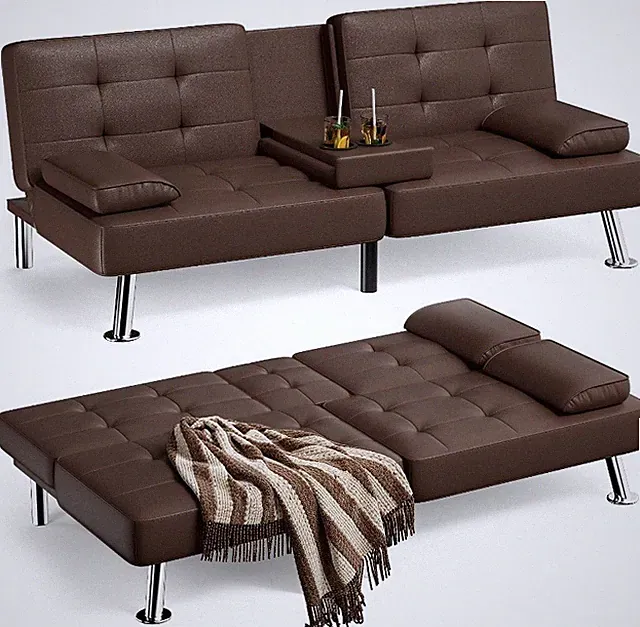 Faux Leather Futon Couch with Removable Armrests Adjustable Sleeper Sofa Bed