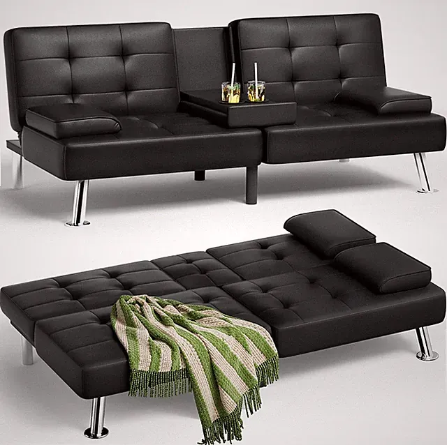 Faux Leather Futon Sofa Bed 3 Position Recliner 2 Cup Holders 500 lbs 2 Pillows