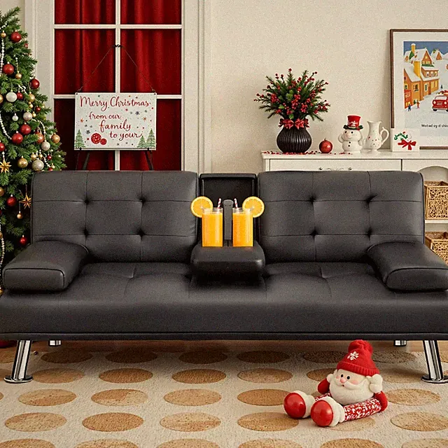 Faux Leather Futon Sofa Bed Convertible Folding Recliner With 2 Cup Holders New