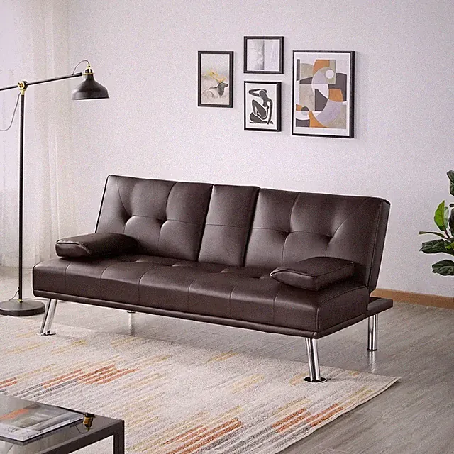 Faux Leather Futon Sofa Bed Modern Convertible Couch Sleeper 3 Armrest Cupholder