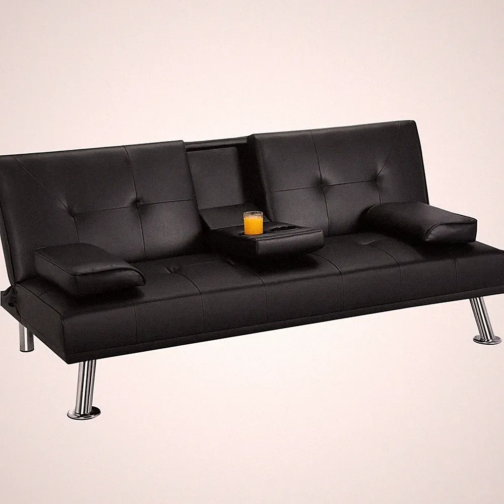 Faux Leather Futon Sofa Bed Modern Convertible Couch Sleeper 3 Armrest Cupholder