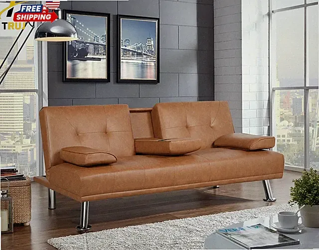 Faux Leather Futon Sofa Modern Style with Cupholders and Pillows Brown