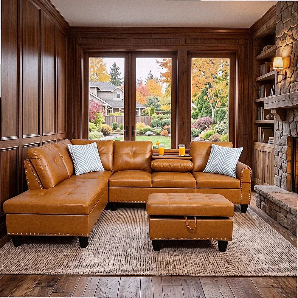 Faux Leather L-Shaped Couch Set, 98"L X 71"W Sectional Sofa Orange