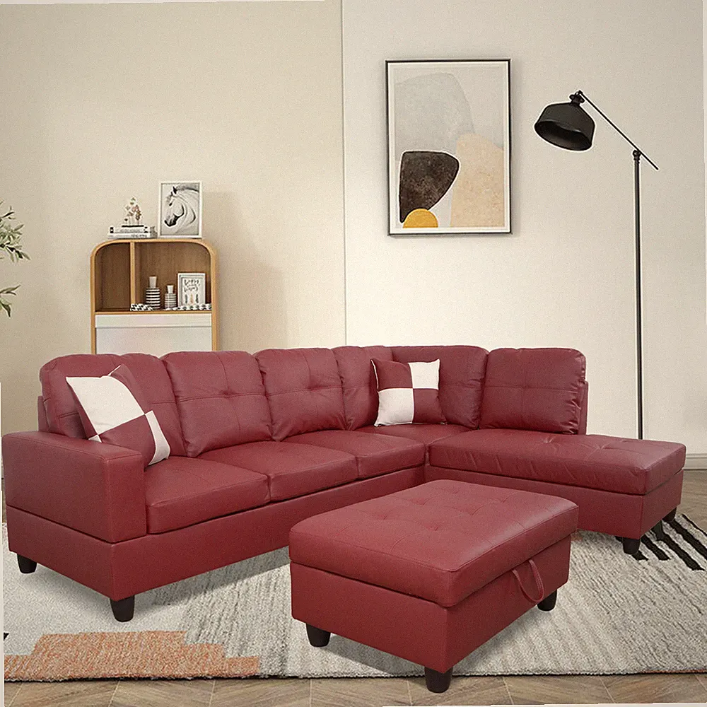 Faux Leather L-Shaped Sofa Sectional Couch Black w/2 Pillows Ottoman Living Room