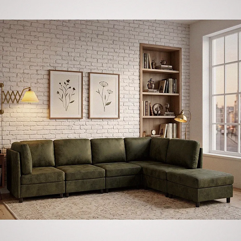 Faux Leather Modular Sectional Sofa 6-Seat Olive Upholstered