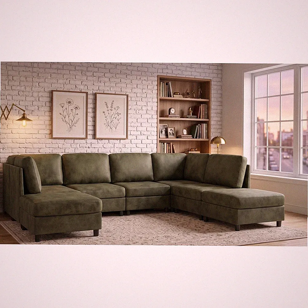Faux Leather Modular Sectional Sofa, 8-Seat, Olive Green