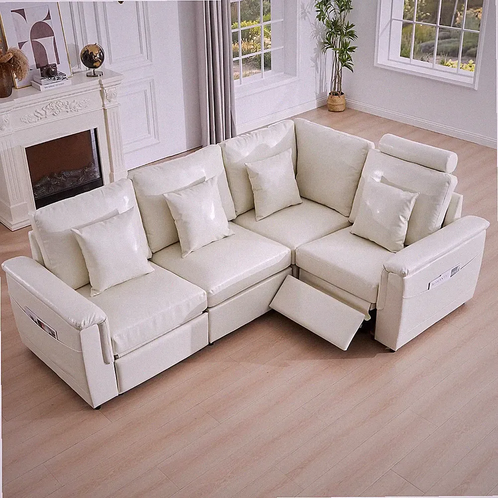 Faux Leather Modular Sectional Sofa, L Shaped, 4 Seater, Beige